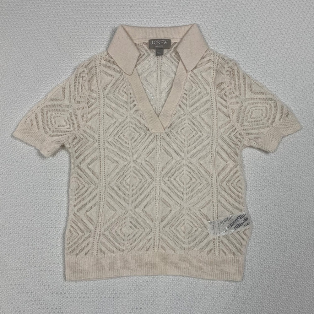JCrew Womens XS Cream Cashmere Lace Pointelle Diamond Sweater Polo VNeck CB885